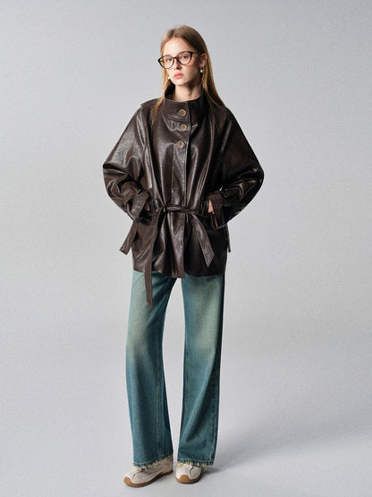 Elegant Vintage Leather Short Jacket for Women Stand Collar Loose Coat