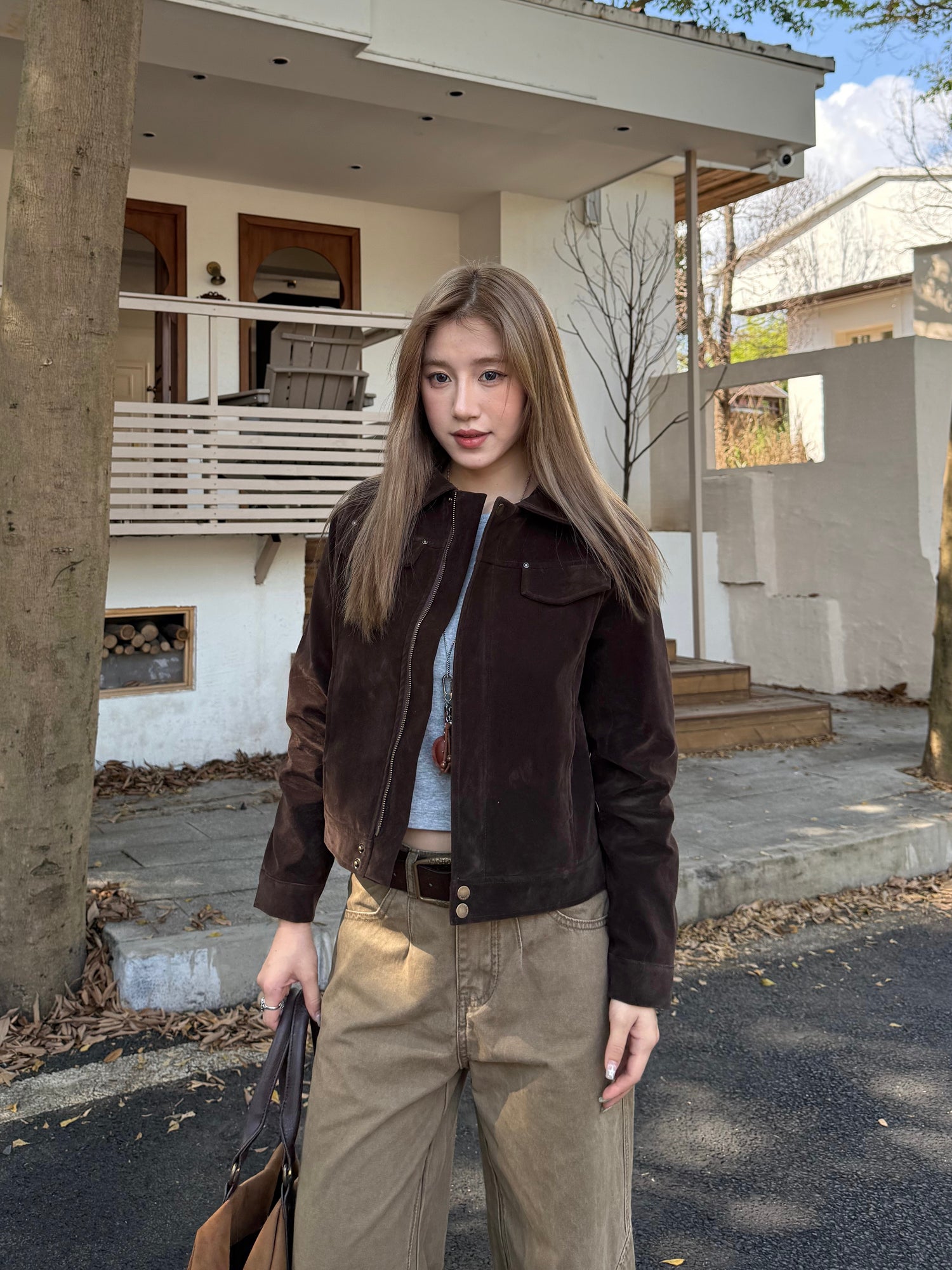 Brown Faux Suede Jacket Unisex Vintage Clean Fit Style Fall Outerwear