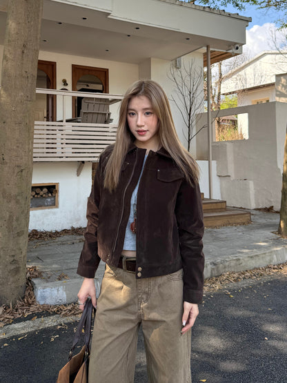 Brown Faux Suede Jacket Unisex Vintage Clean Fit Style Fall Outerwear