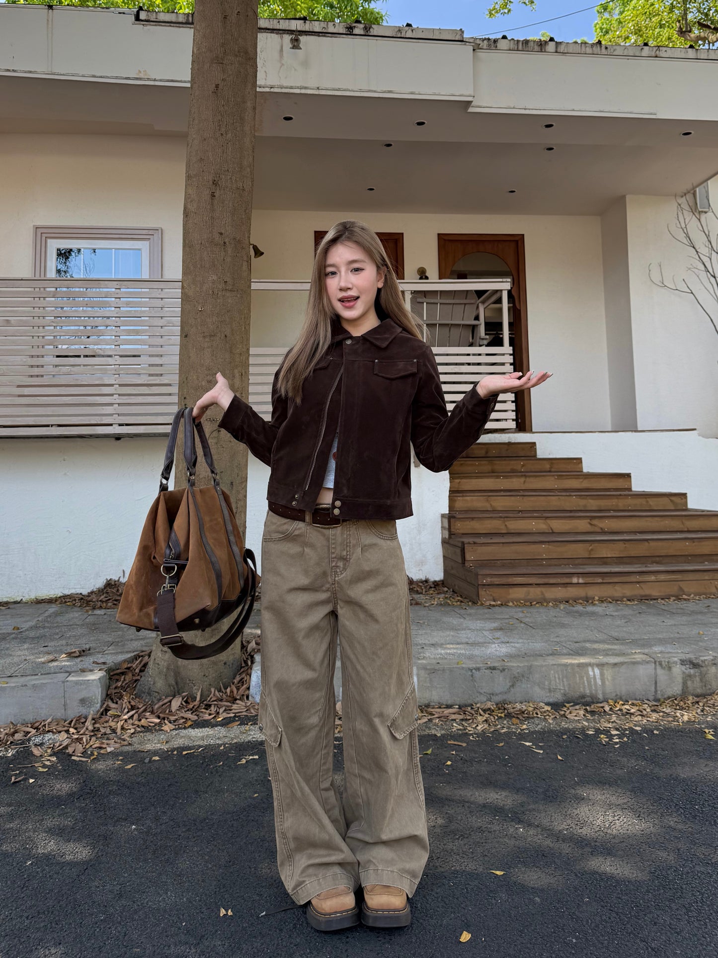 Brown Faux Suede Jacket Unisex Vintage Clean Fit Style Fall Outerwear