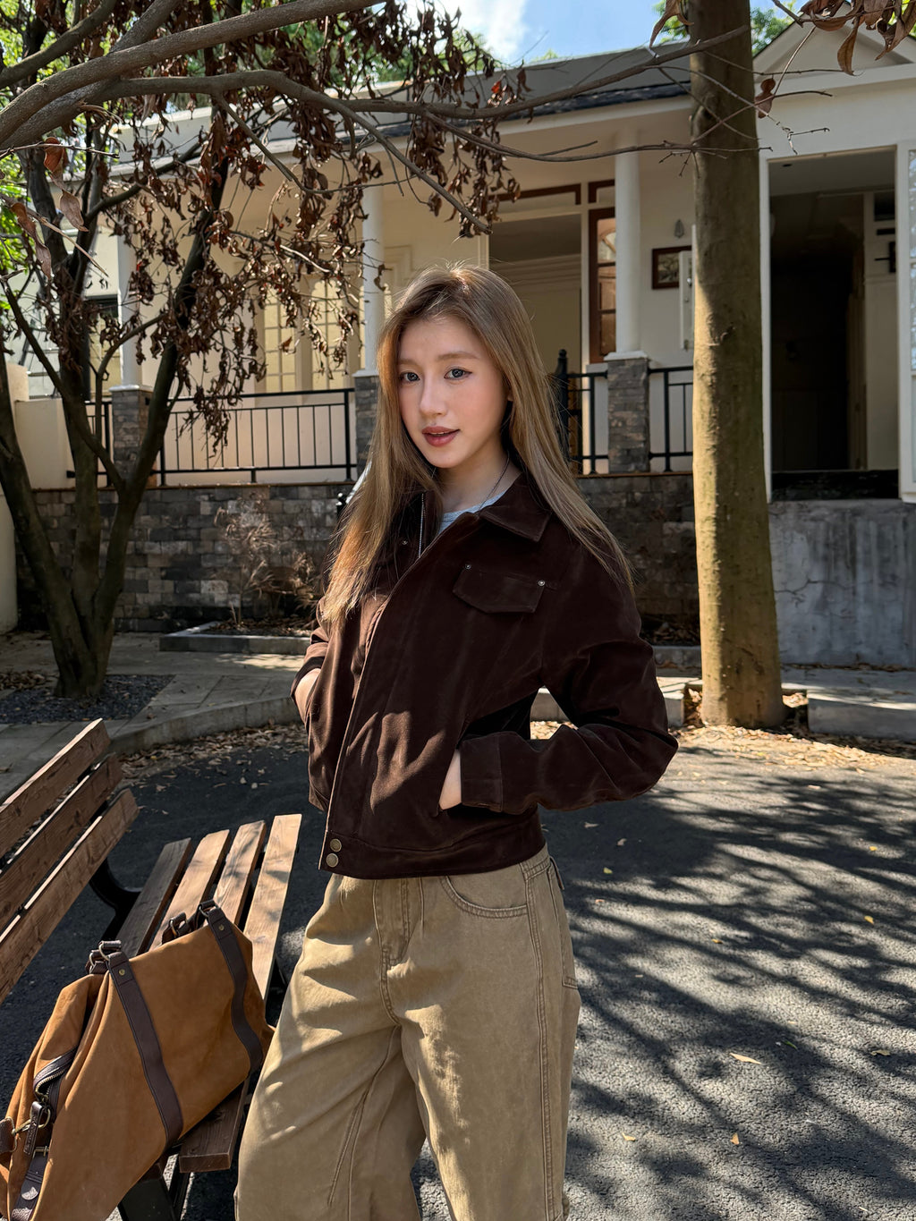 Brown Faux Suede Jacket Unisex Vintage Clean Fit Style Fall Outerwear