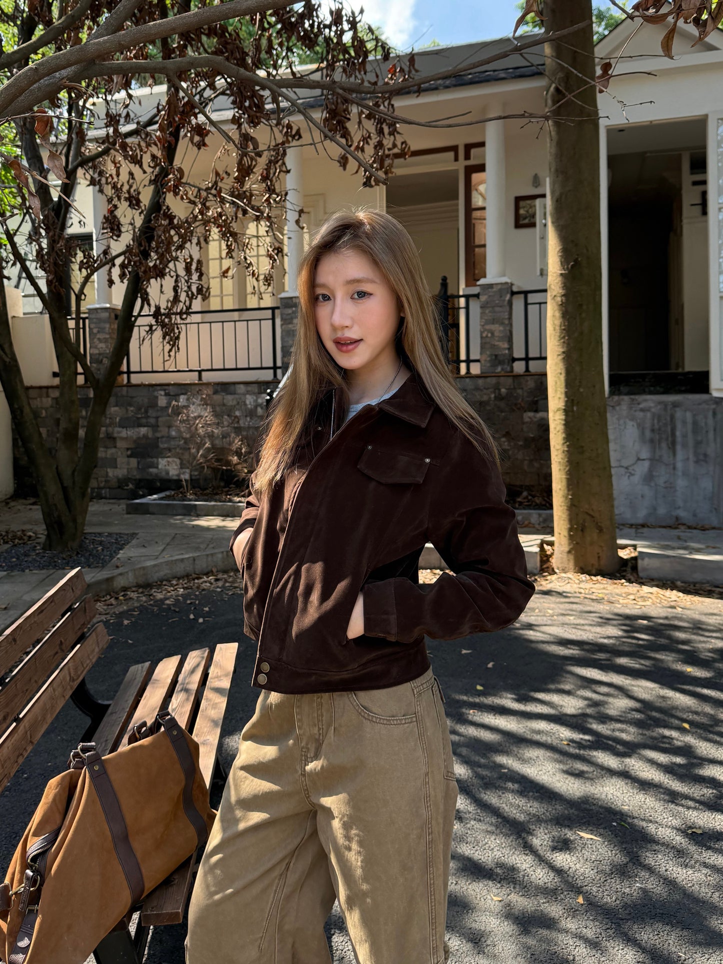 Brown Faux Suede Jacket Unisex Vintage Clean Fit Style Fall Outerwear