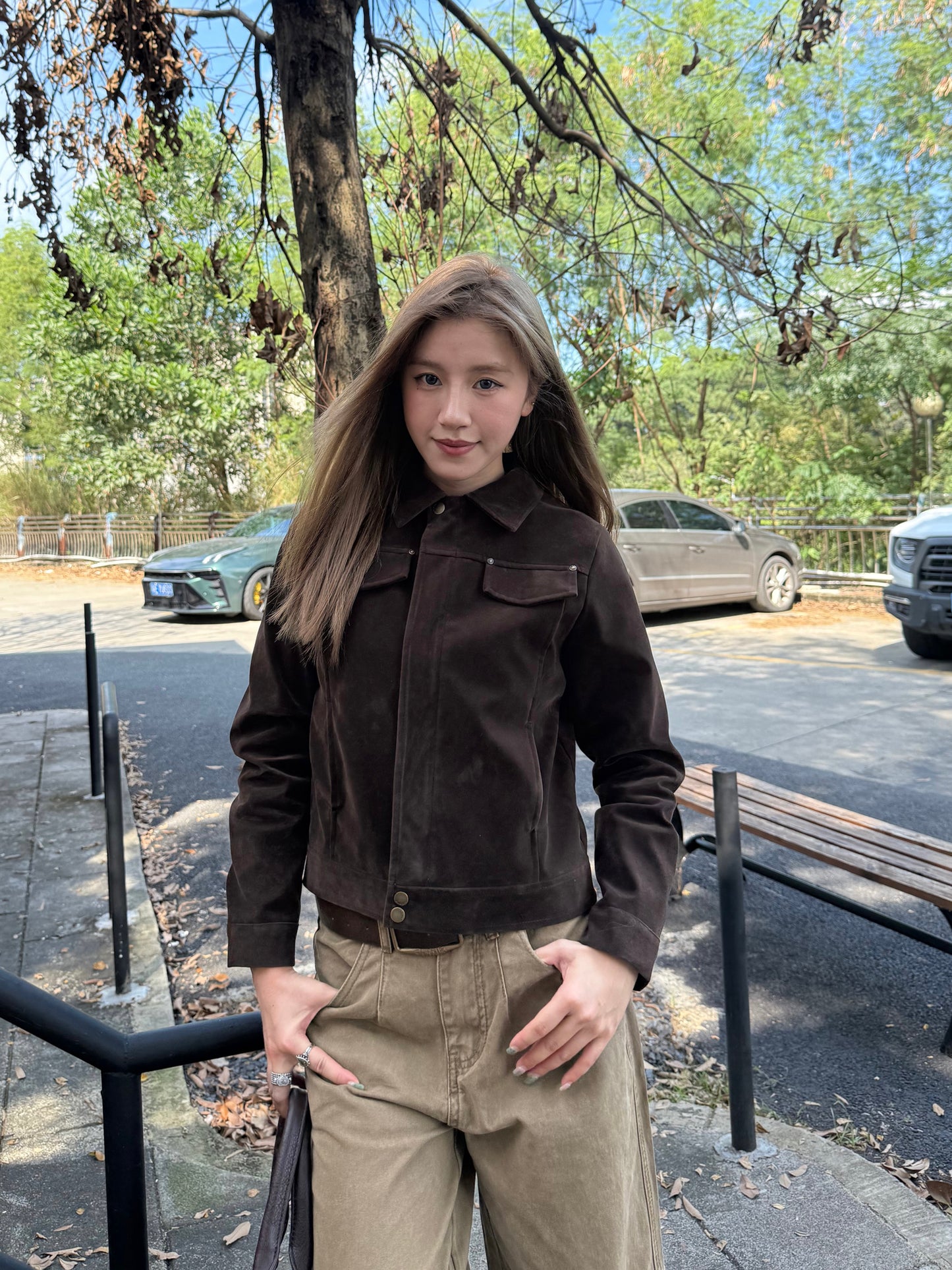 Brown Faux Suede Jacket Unisex Vintage Clean Fit Style Fall Outerwear