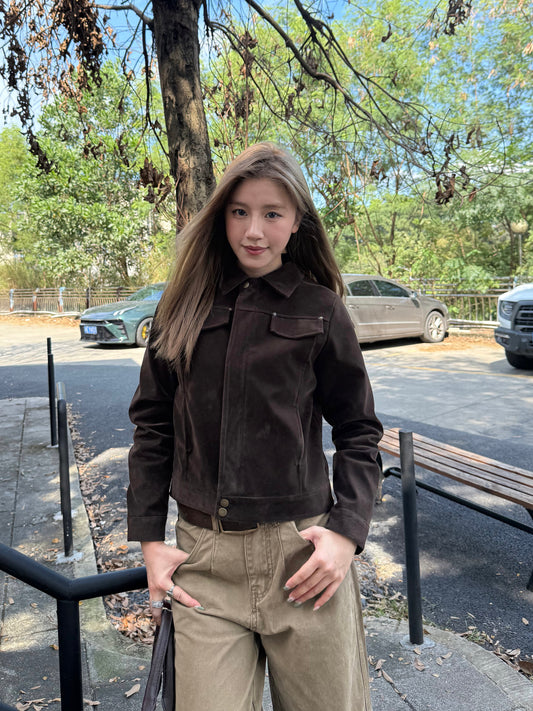 Brown Faux Suede Jacket Unisex Vintage Clean Fit Style Fall Outerwear