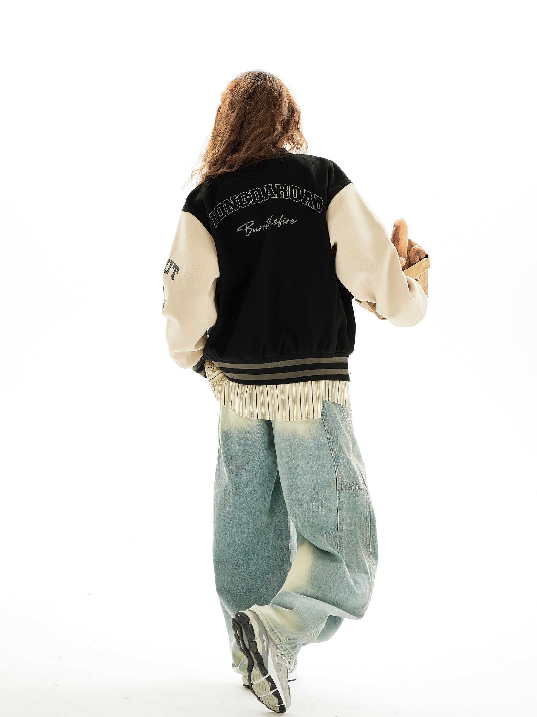 Vintage Color Block Letter Baseball Jacket for Women Wool Feel Outerwear