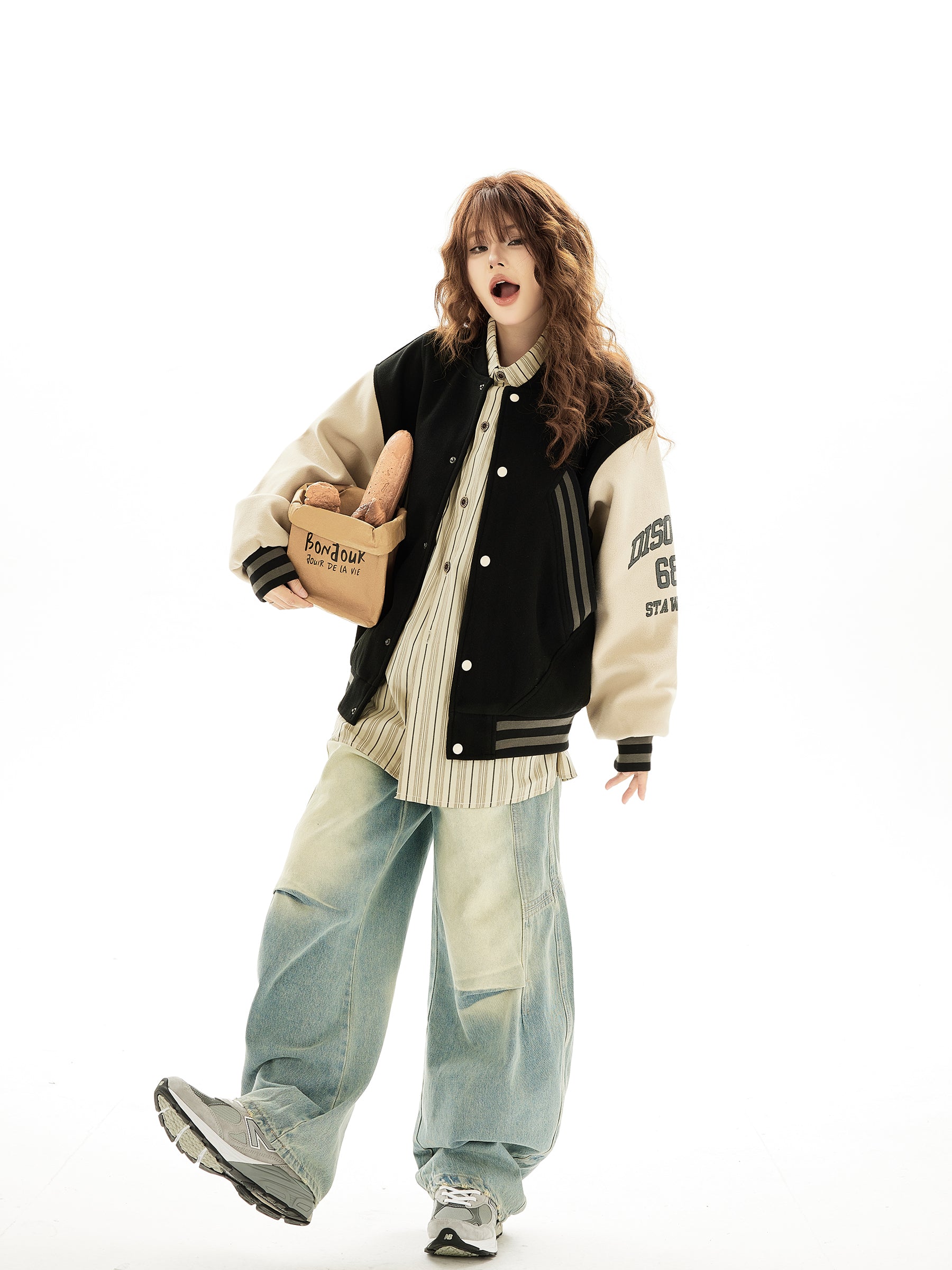 Vintage Color Block Letter Baseball Jacket for Women Wool Feel Outerwear