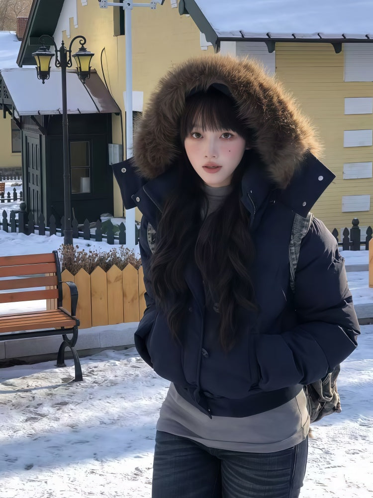 Elegant Navy Short Cotton Jacket for Women Thick Warm Winter Outerwear