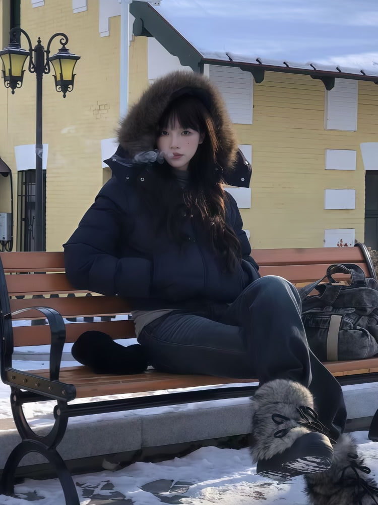 Elegant Navy Short Cotton Jacket for Women Thick Warm Winter Outerwear