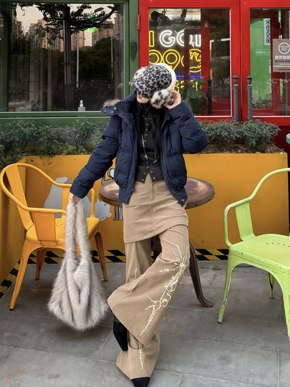 Elegant Navy Short Cotton Jacket for Women Thick Warm Winter Outerwear