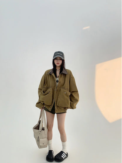 Women Vintage Short Cargo Jacket Loose Barn Style Washed Fall Coat