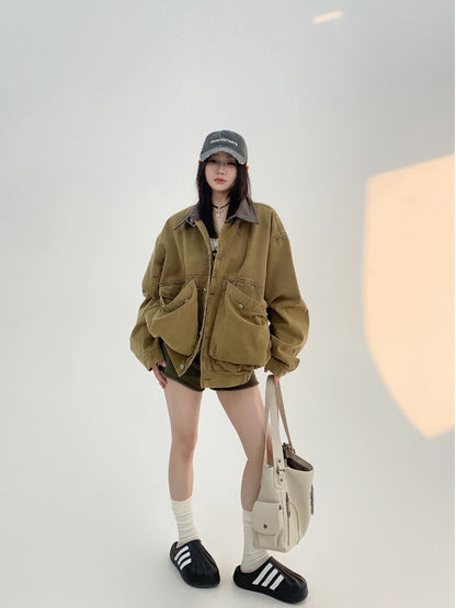 Women Vintage Short Cargo Jacket Loose Barn Style Washed Fall Coat