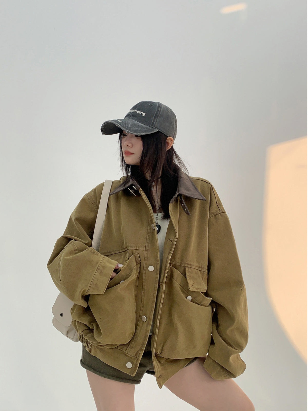 Women Vintage Short Cargo Jacket Loose Barn Style Washed Fall Coat