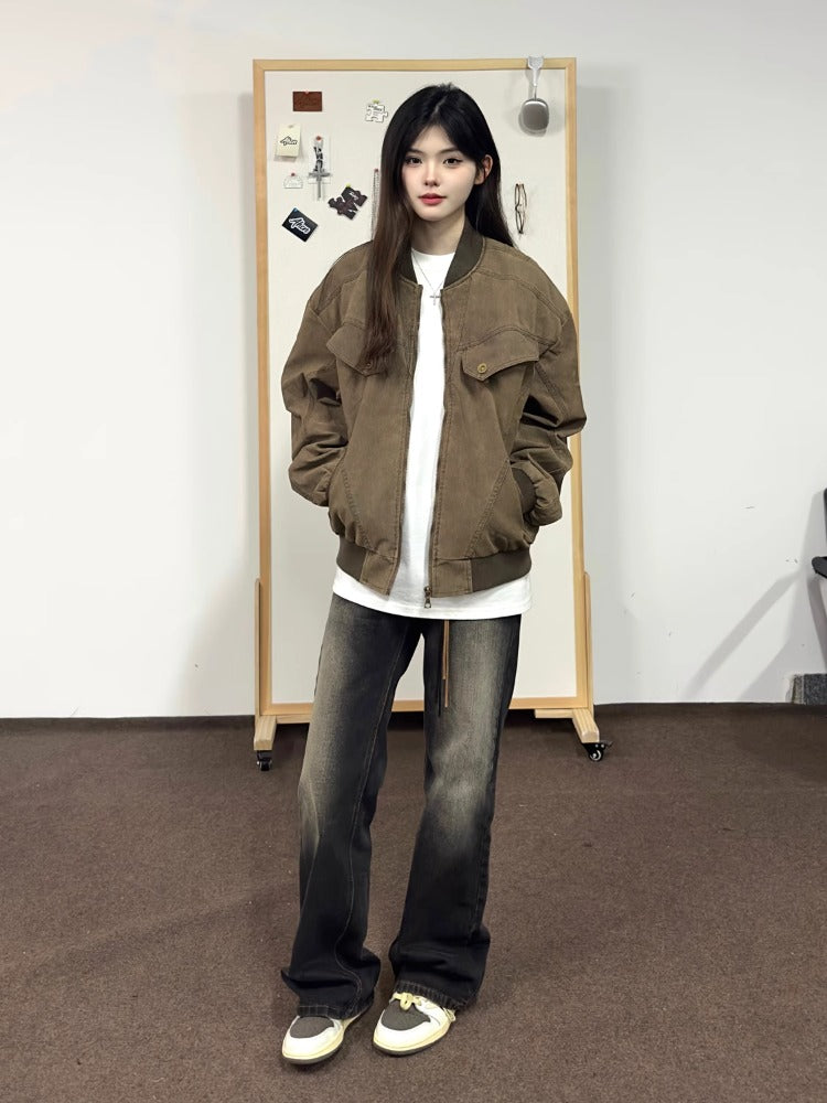 Unisex Vintage Harrington Jacket Clean Fit Washed Cargo Fall Outerwear