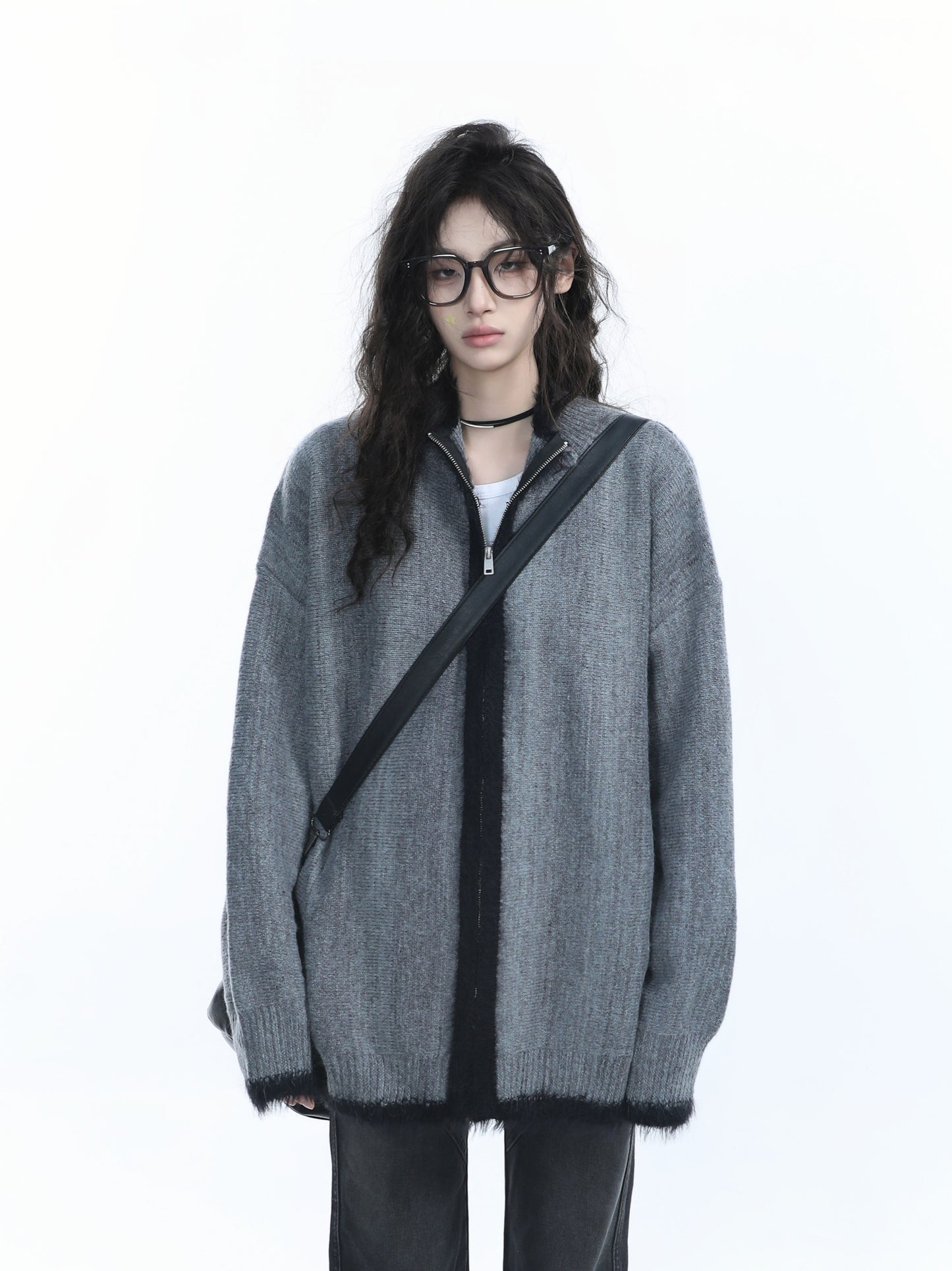 Women Loose Fit Zipper Cardigan Vintage Knit Sweater Casual Outerwear