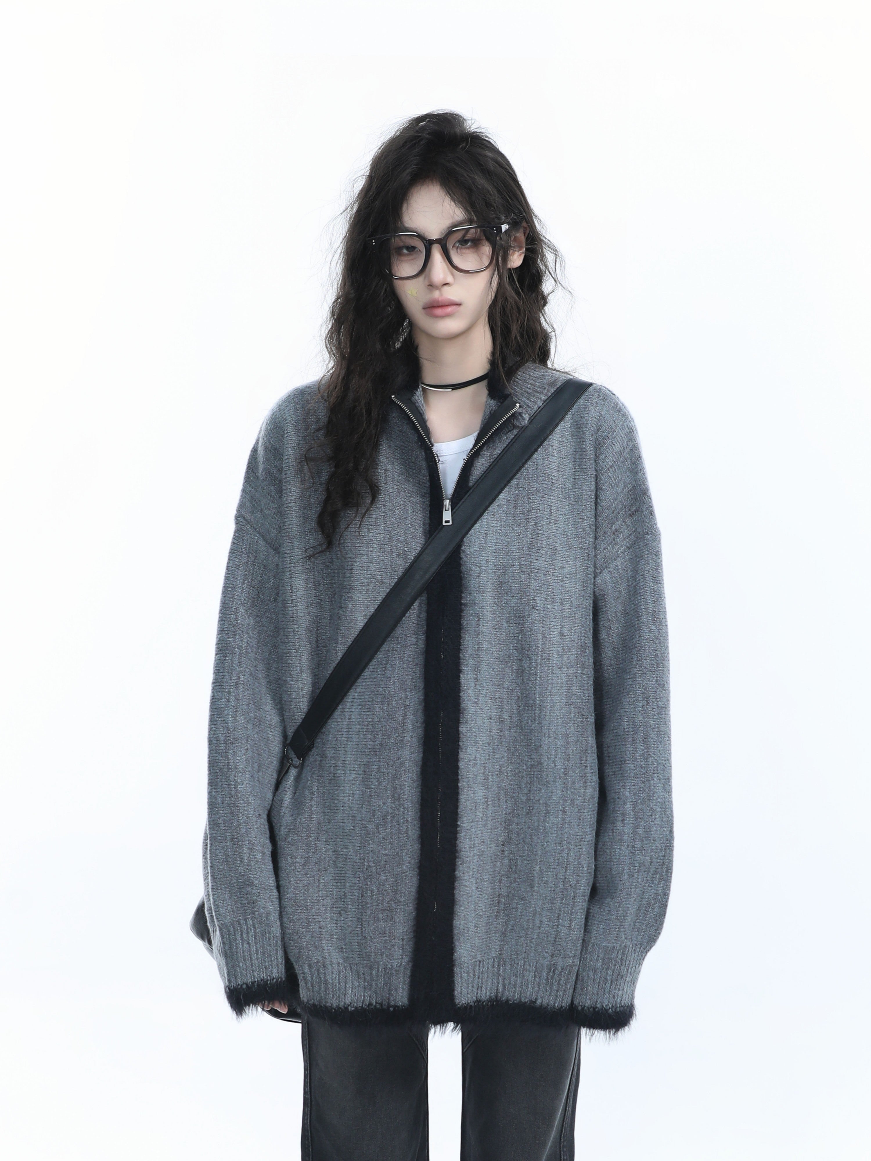 Women Loose Fit Zipper Cardigan Vintage Knit Sweater Casual Outerwear