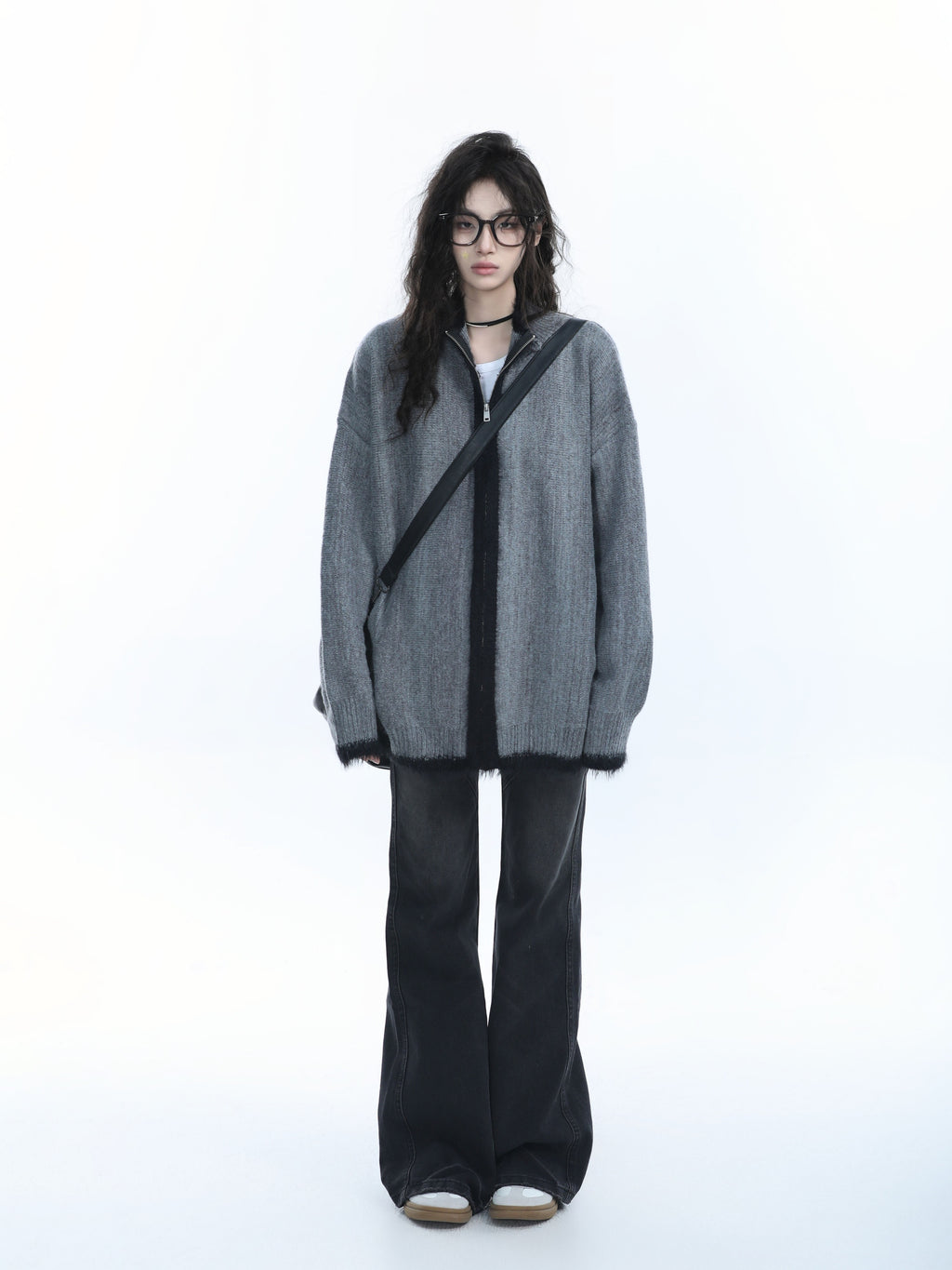 Women Loose Fit Zipper Cardigan Vintage Knit Sweater Casual Outerwear