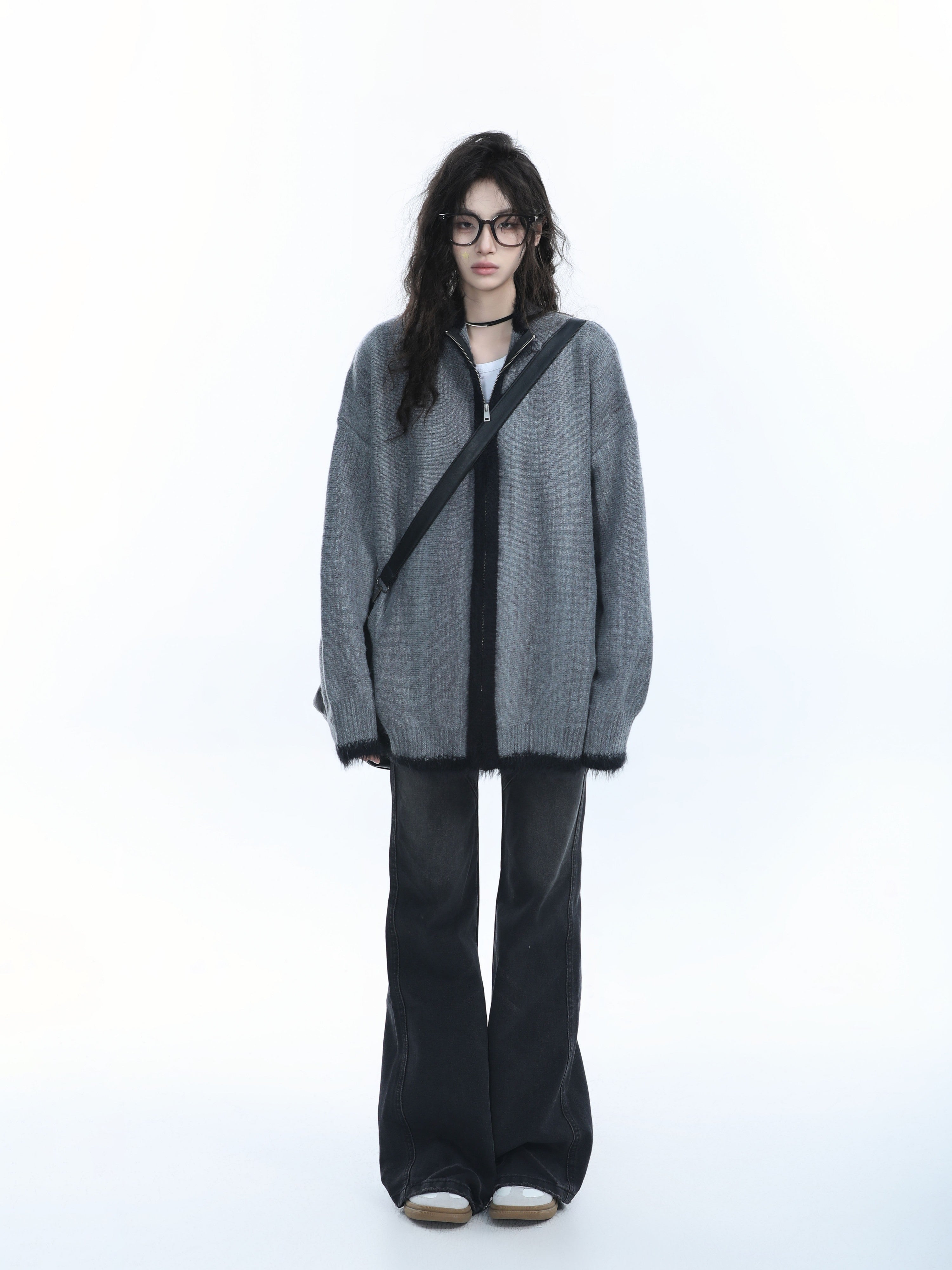 Women Loose Fit Zipper Cardigan Vintage Knit Sweater Casual Outerwear