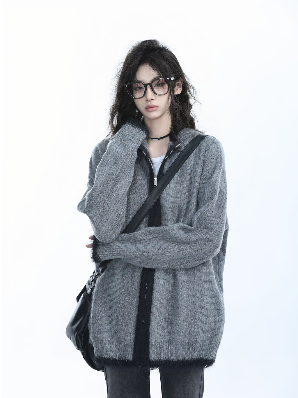 Women Loose Fit Zipper Cardigan Vintage Knit Sweater Casual Outerwear