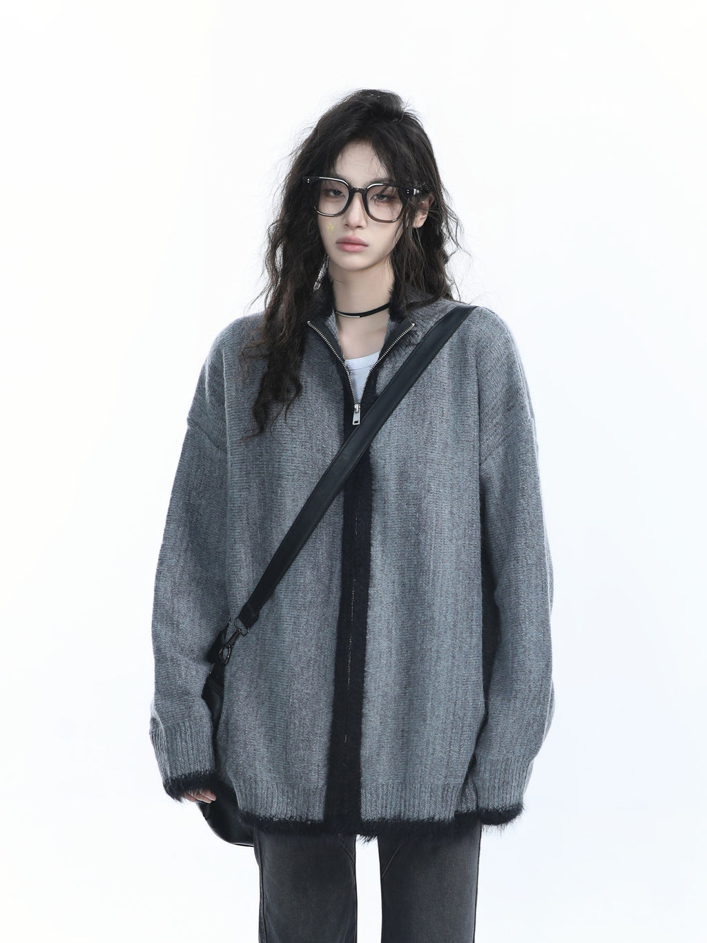 Women Loose Fit Zipper Cardigan Vintage Knit Sweater Casual Outerwear