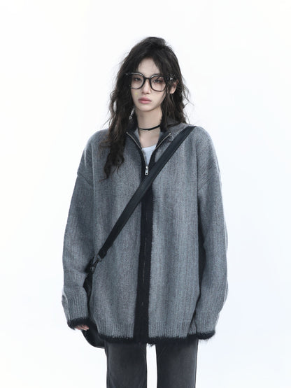 Women Loose Fit Zipper Cardigan Vintage Knit Sweater Casual Outerwear