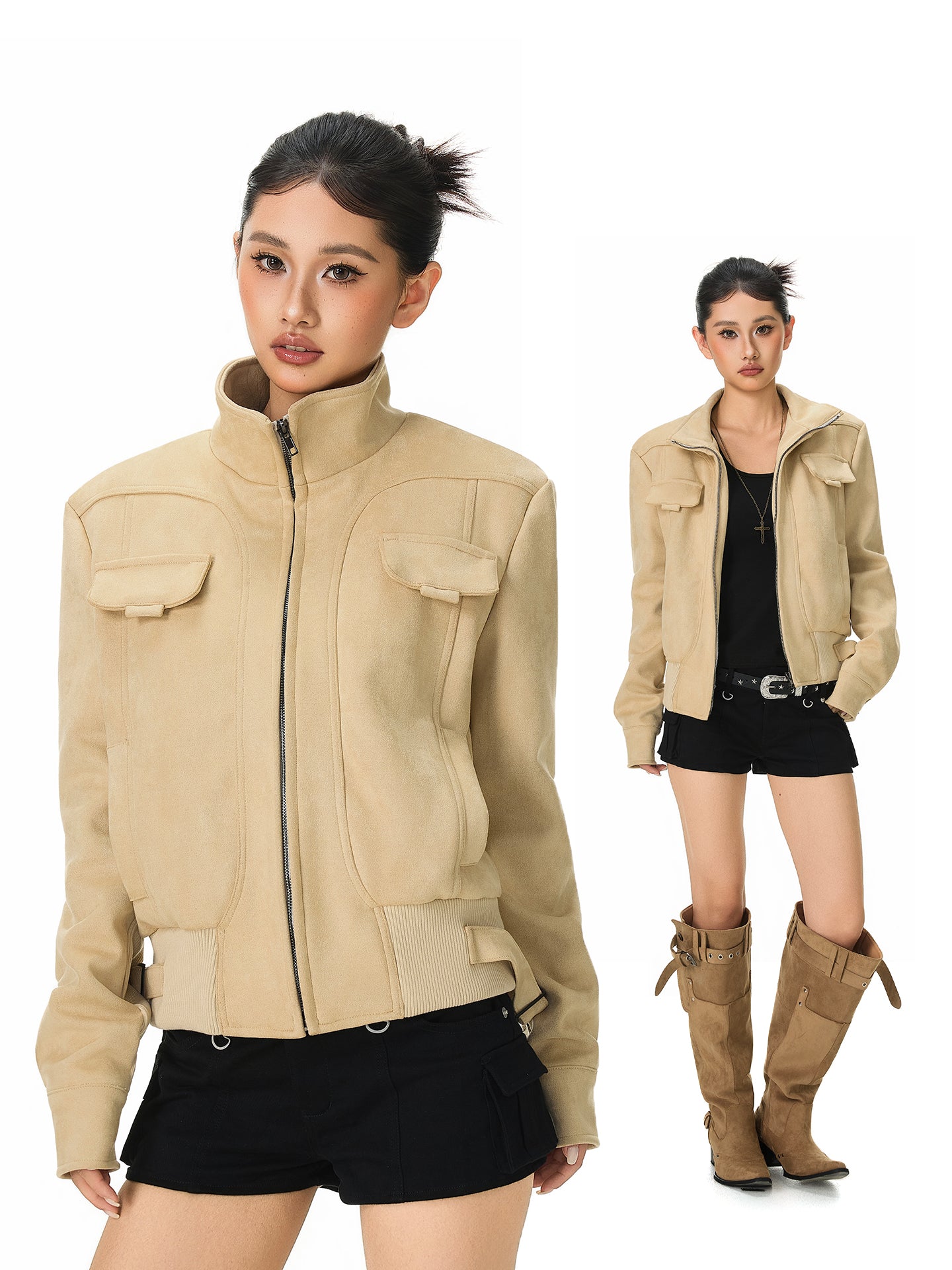 Clean Fit Vintage Suede Patch Jacket Unisex Stand Collar Loose Outerwear