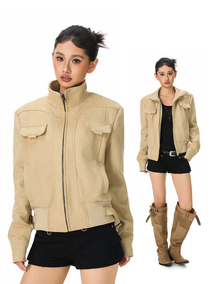 Clean Fit Vintage Suede Patch Jacket Unisex Stand Collar Loose Outerwear