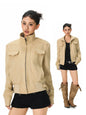 Clean Fit Vintage Suede Patch Jacket Unisex Stand Collar Loose Outerwear