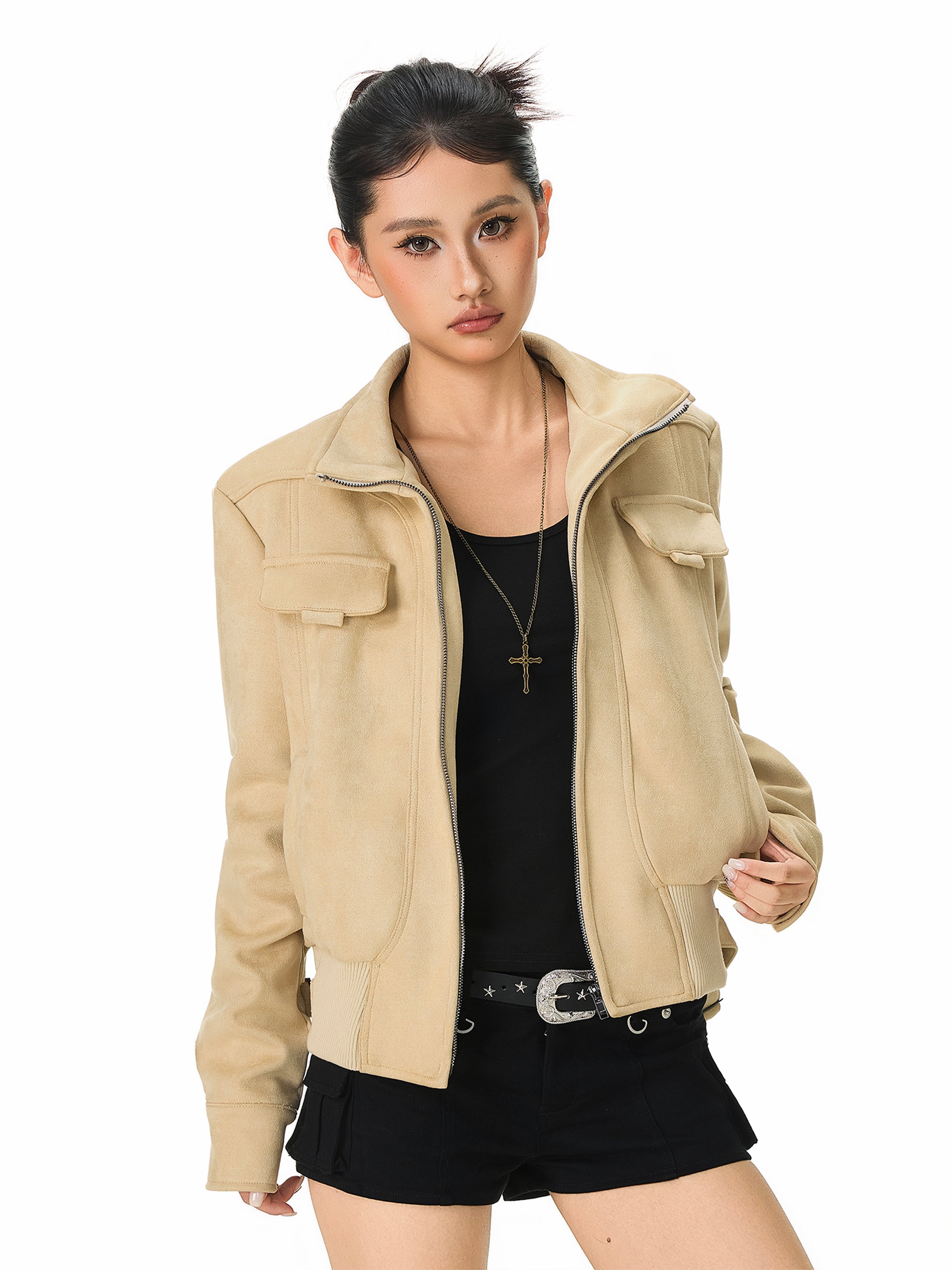 Clean Fit Vintage Suede Patch Jacket Unisex Stand Collar Loose Outerwear