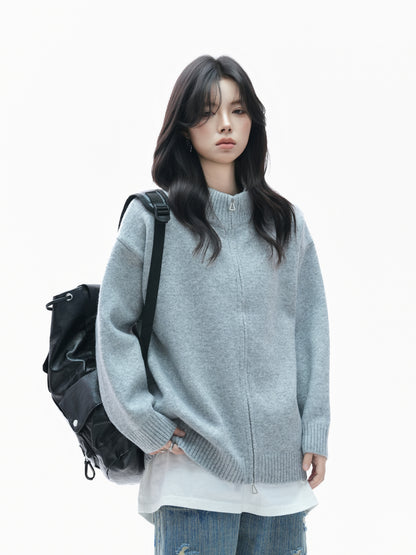 Retro Thick Zip Cardigan for Women Loose Fit Vintage Knit Sweater Coat