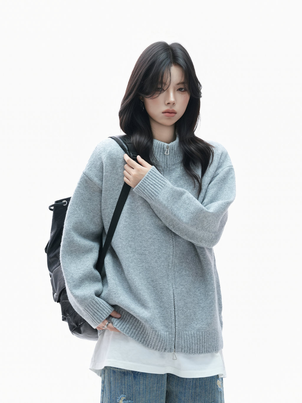 Retro Thick Zip Cardigan for Women Loose Fit Vintage Knit Sweater Coat