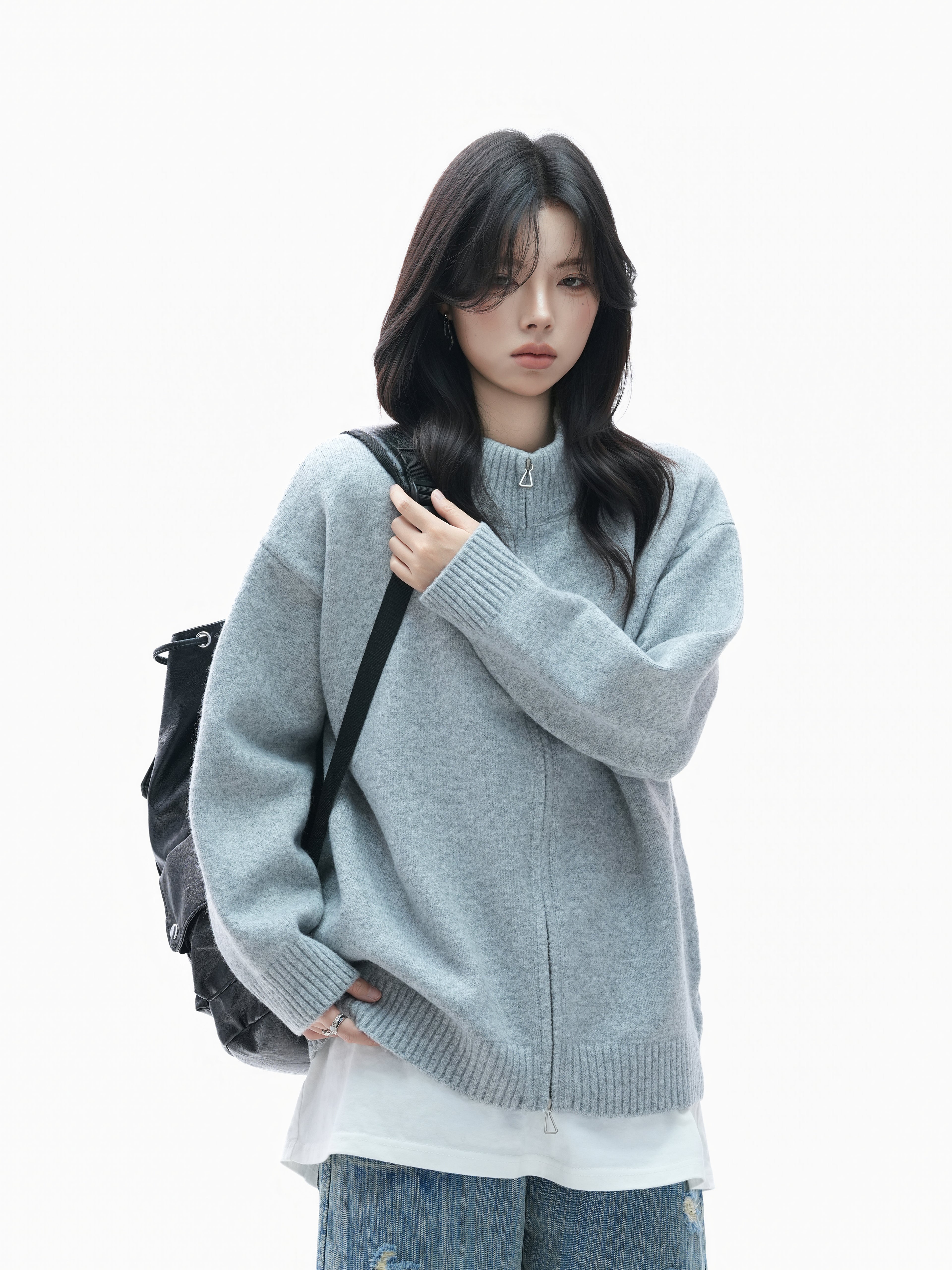 Retro Thick Zip Cardigan for Women Loose Fit Vintage Knit Sweater Coat