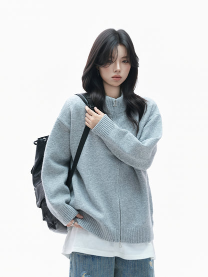 Retro Thick Zip Cardigan for Women Loose Fit Vintage Knit Sweater Coat