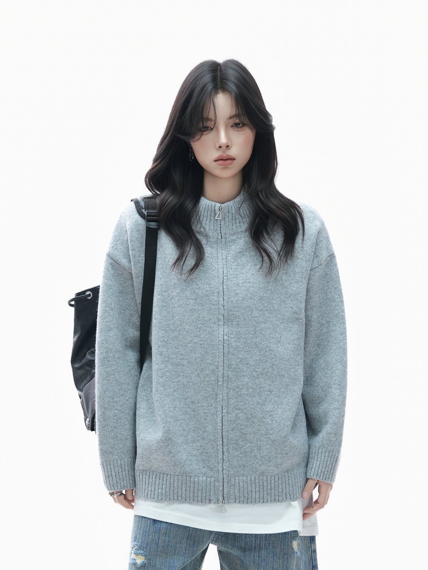 Retro Thick Zip Cardigan for Women Loose Fit Vintage Knit Sweater Coat