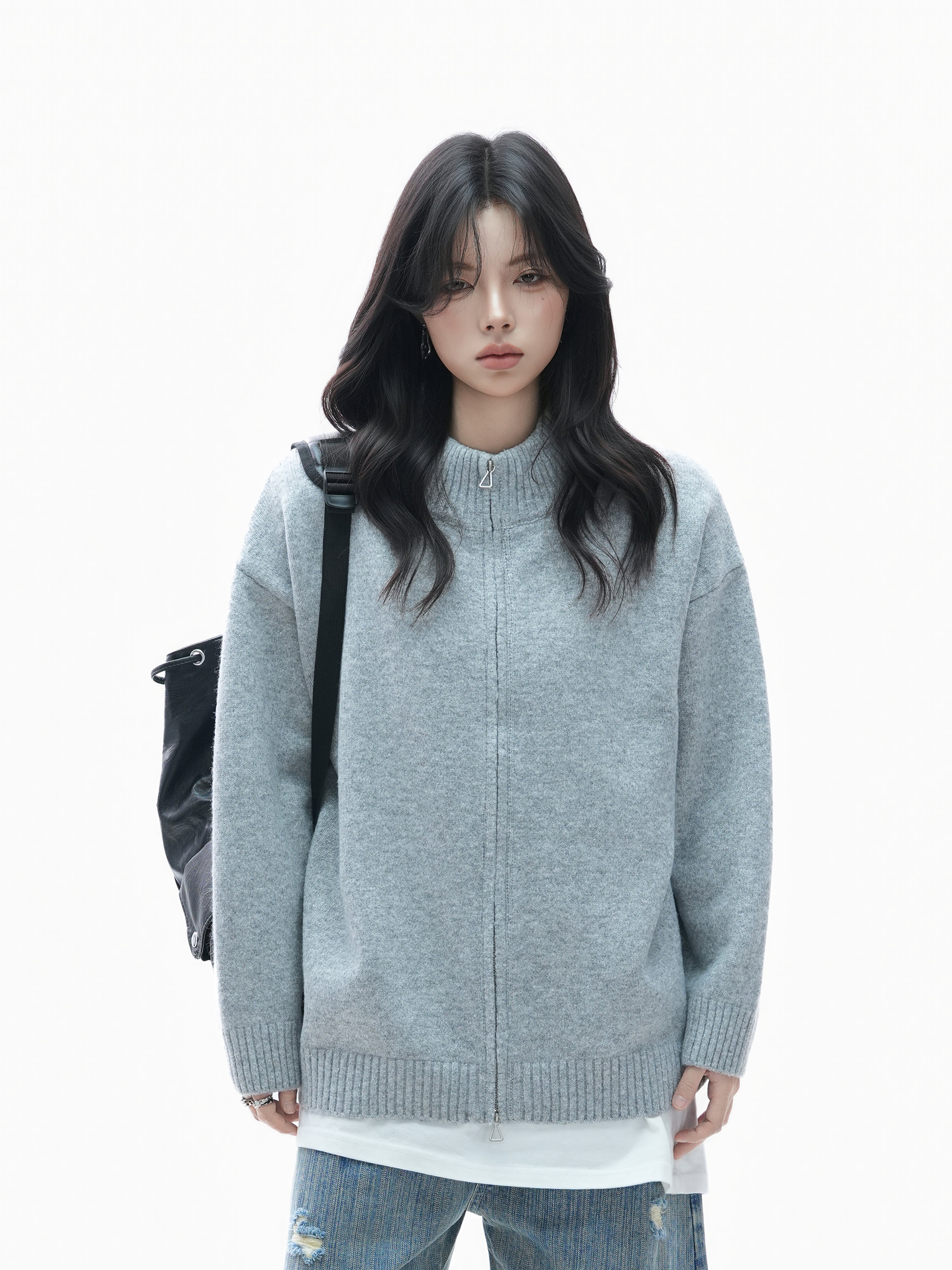 Retro Thick Zip Cardigan for Women Loose Fit Vintage Knit Sweater Coat