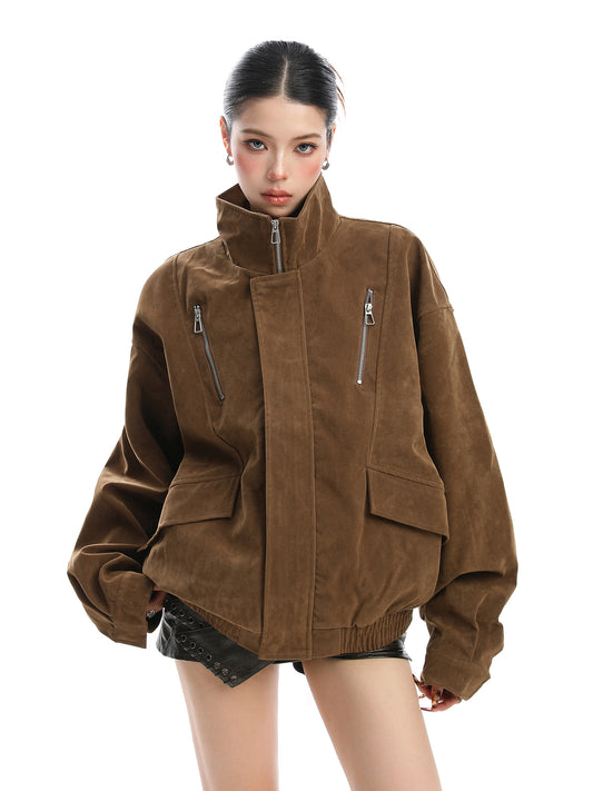 Loose Fit Suede Work Jacket for Women Vintage Stand Collar Fall Coat