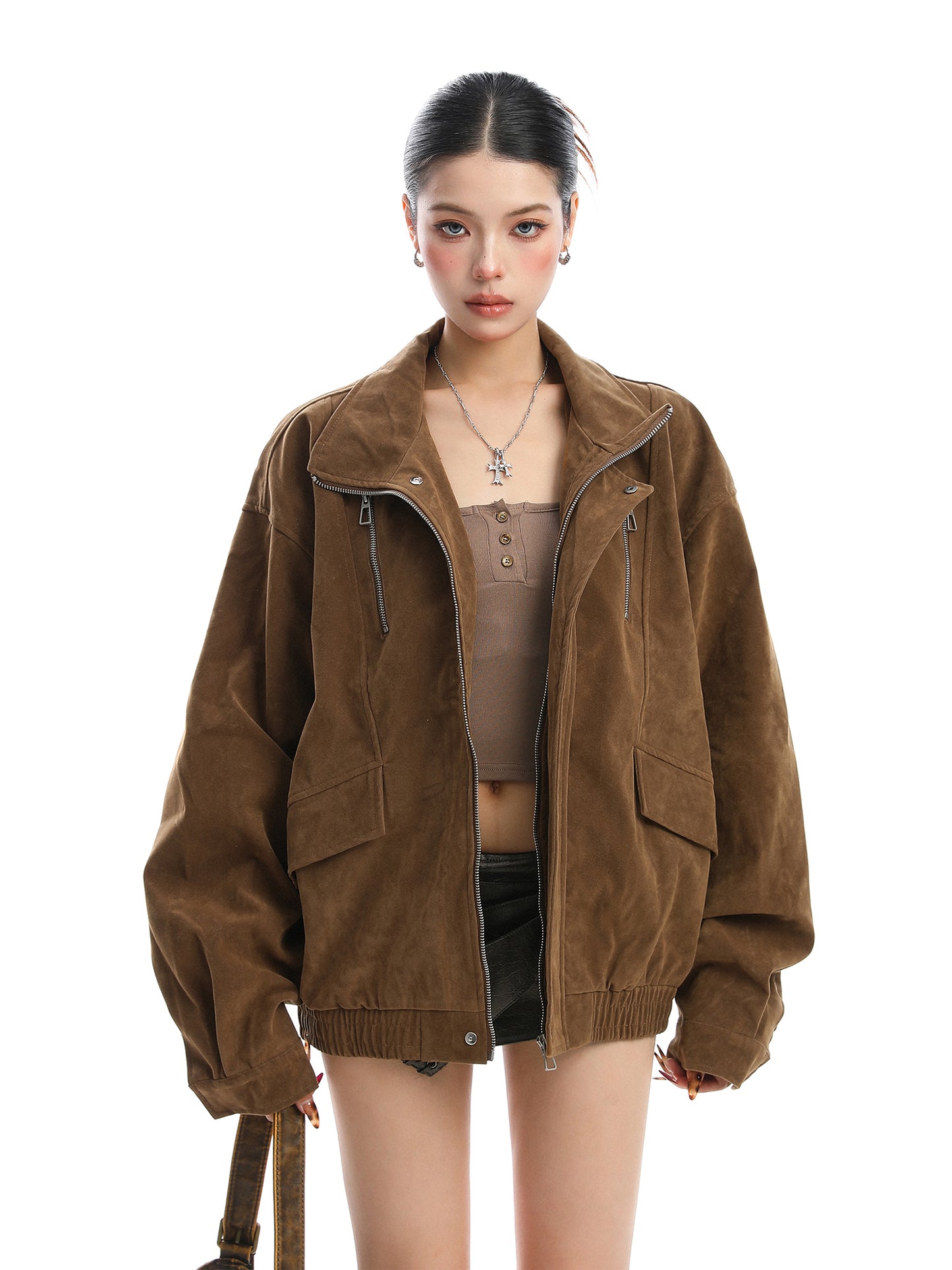 Loose Fit Suede Work Jacket for Women Vintage Stand Collar Fall Coat