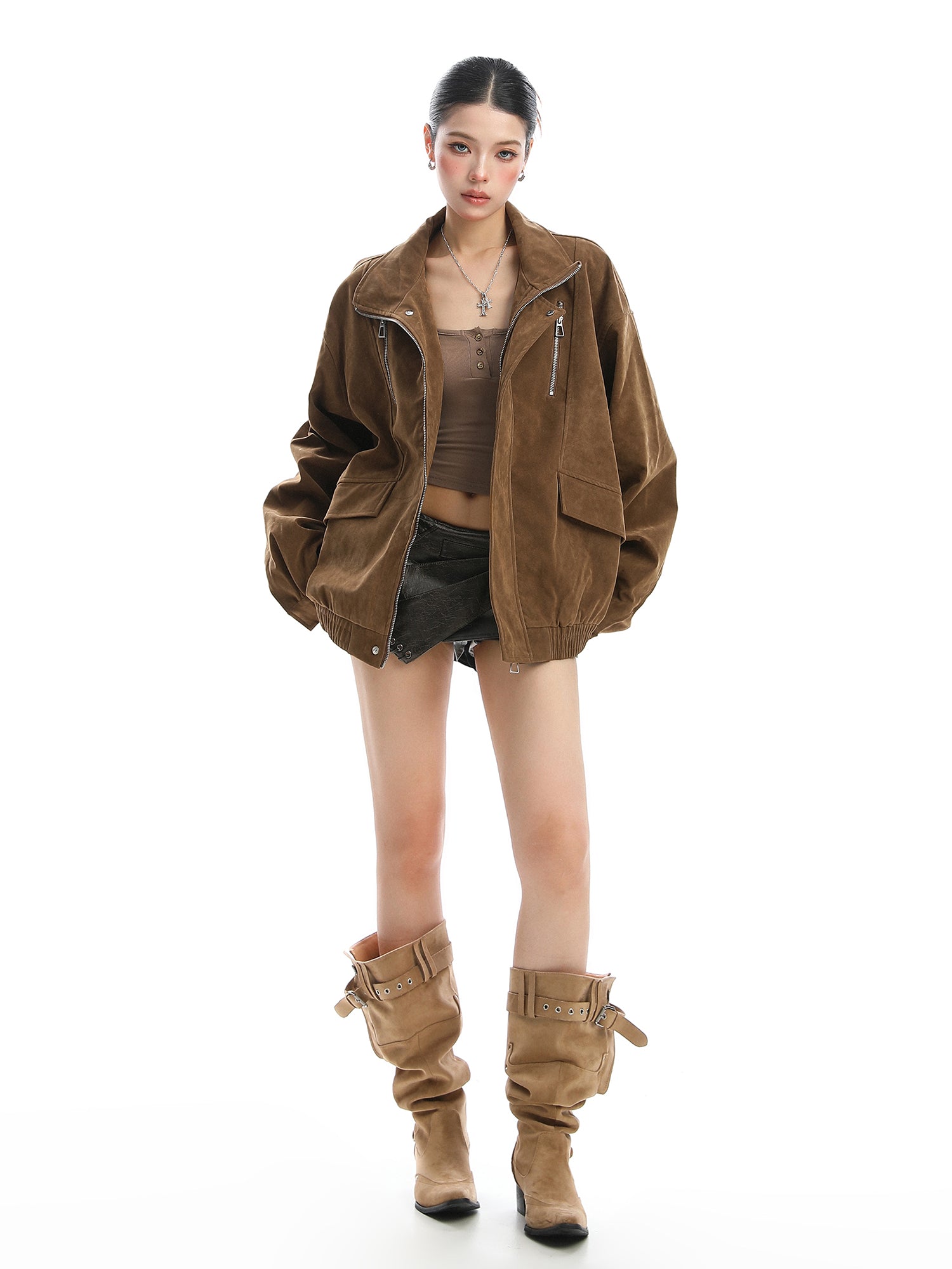 Loose Fit Suede Work Jacket for Women Vintage Stand Collar Fall Coat