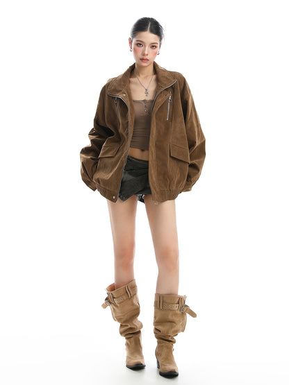 Loose Fit Suede Work Jacket for Women Vintage Stand Collar Fall Coat
