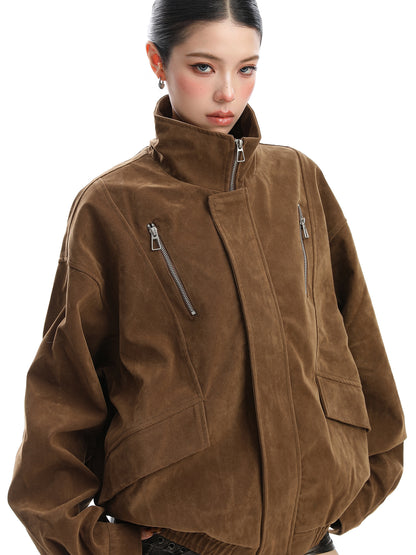 Loose Fit Suede Work Jacket for Women Vintage Stand Collar Fall Coat