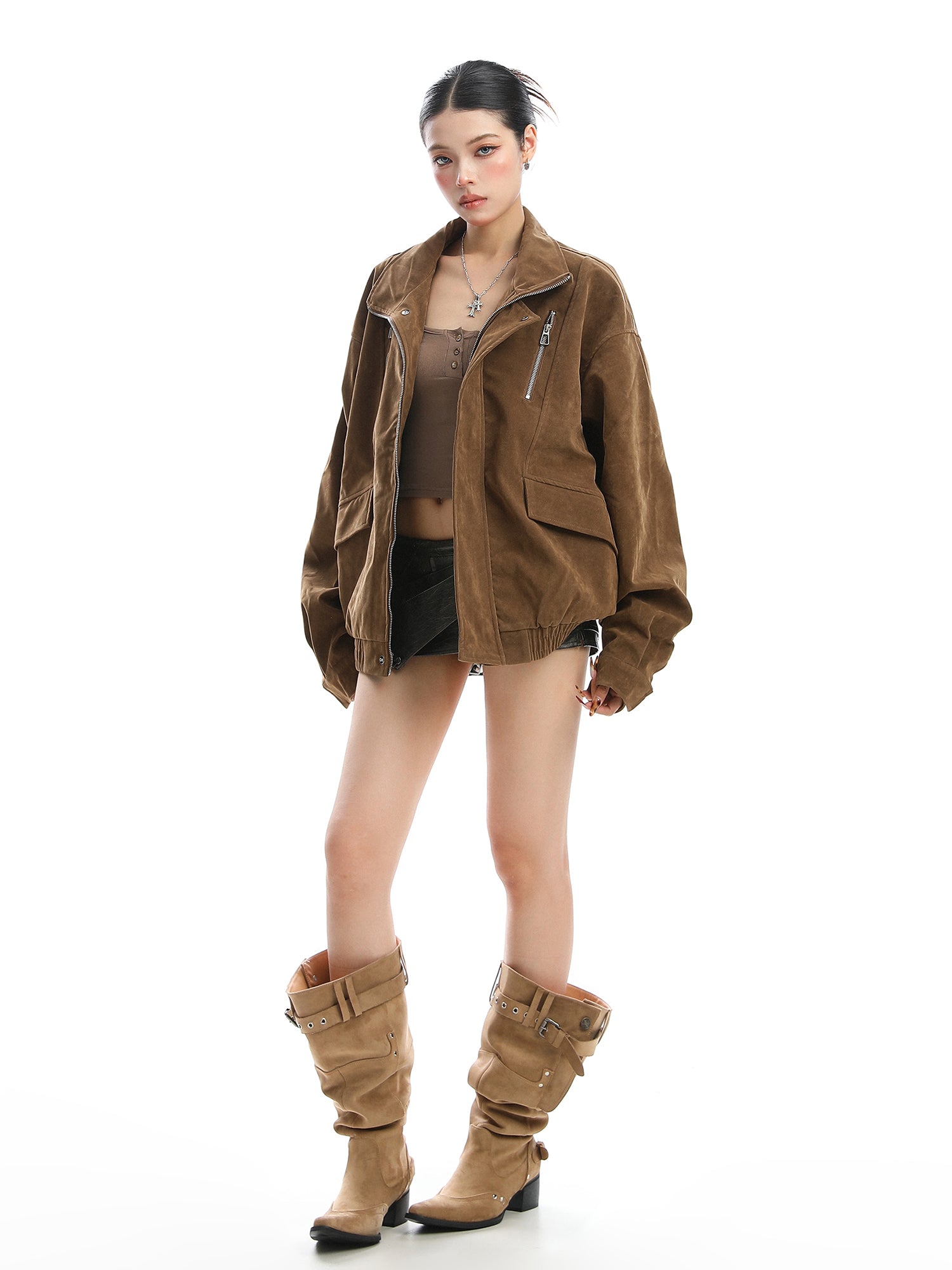 Loose Fit Suede Work Jacket for Women Vintage Stand Collar Fall Coat