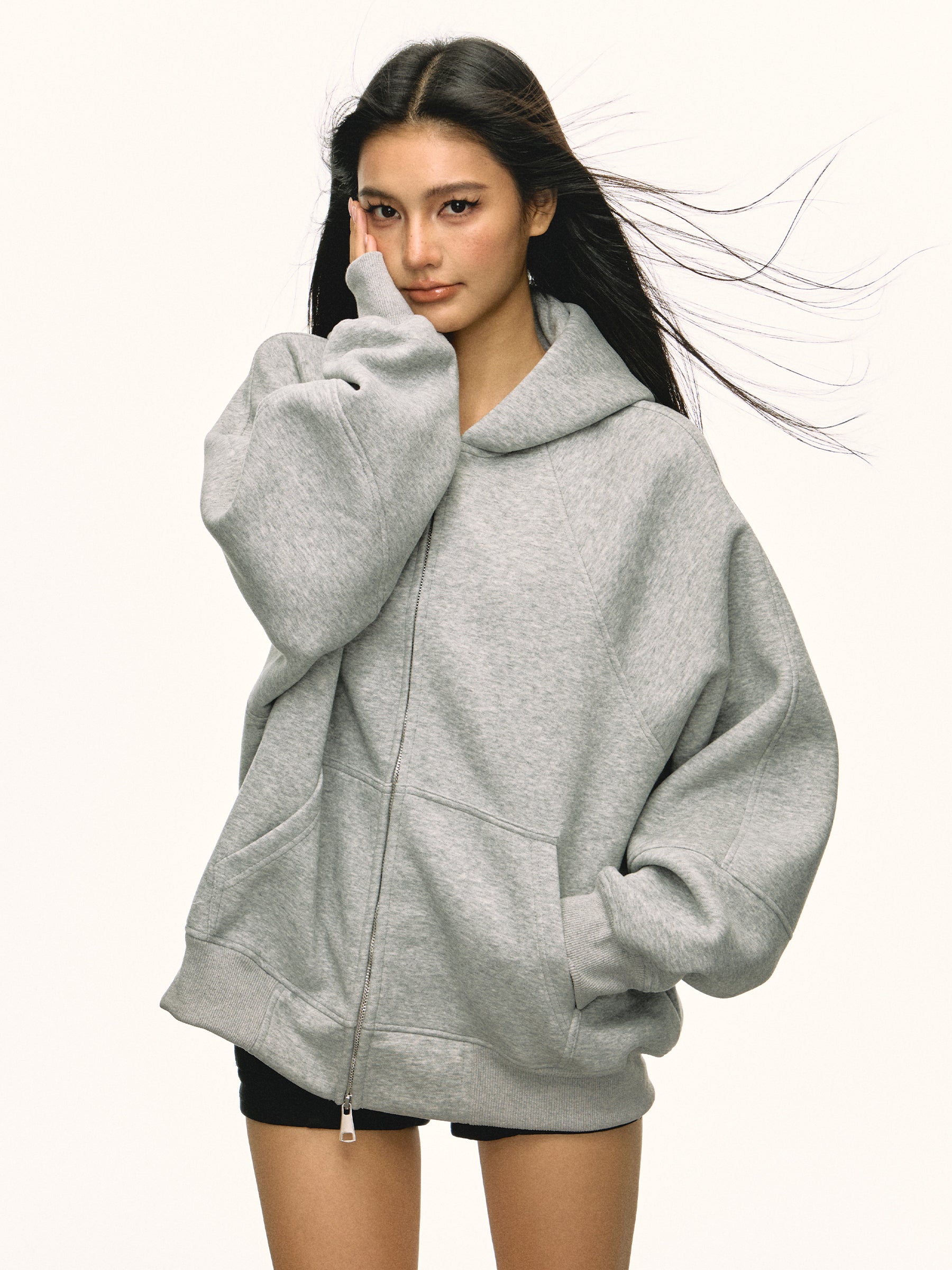 Women Gray 500g Heavy Hoodie Jacket Loose Fleece Fall Winter Sweater