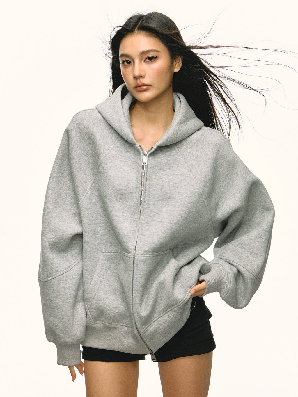 Women Gray 500g Heavy Hoodie Jacket Loose Fleece Fall Winter Sweater