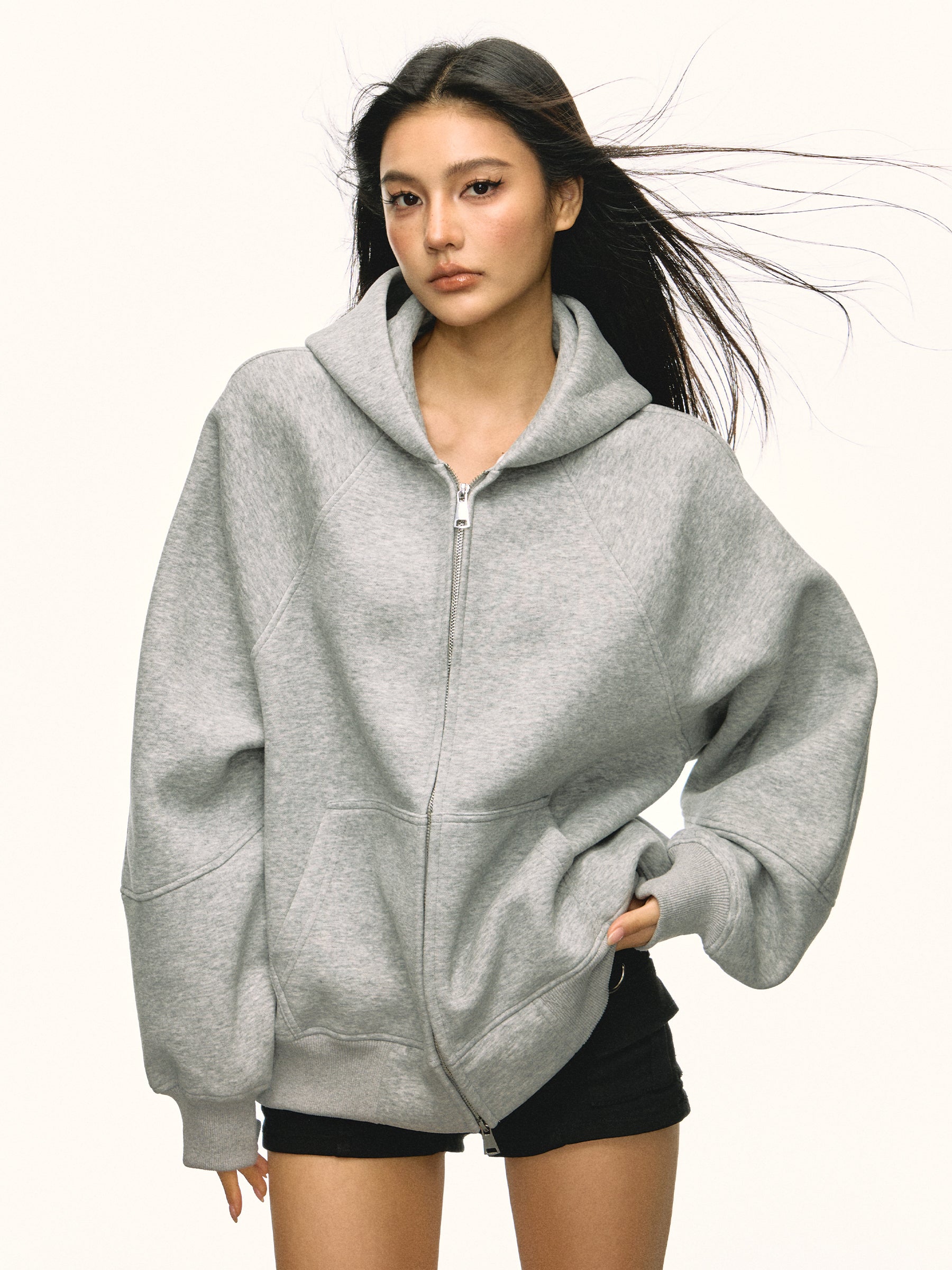 Women Gray 500g Heavy Hoodie Jacket Loose Fleece Fall Winter Sweater