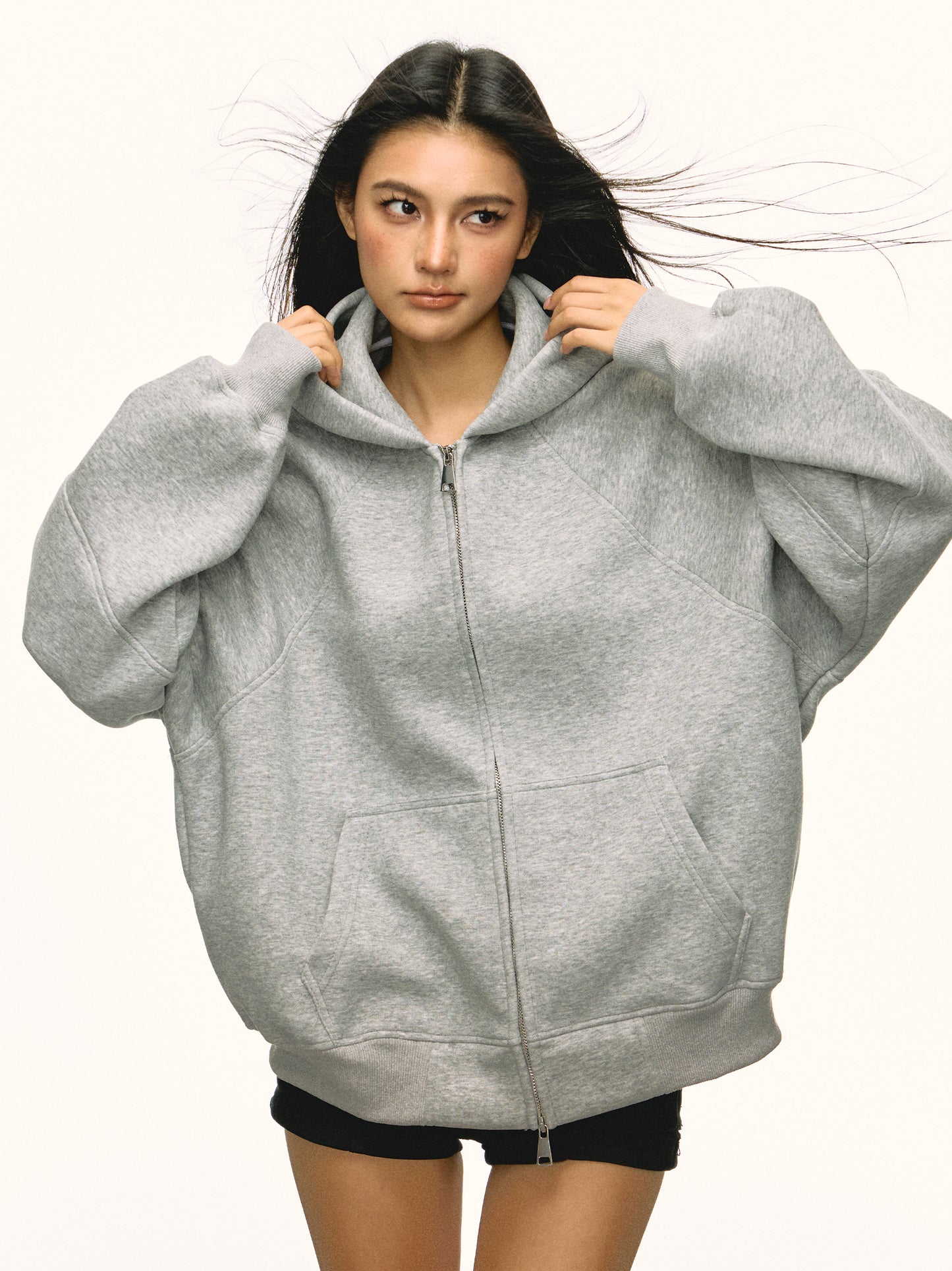 Women Gray 500g Heavy Hoodie Jacket Loose Fleece Fall Winter Sweater